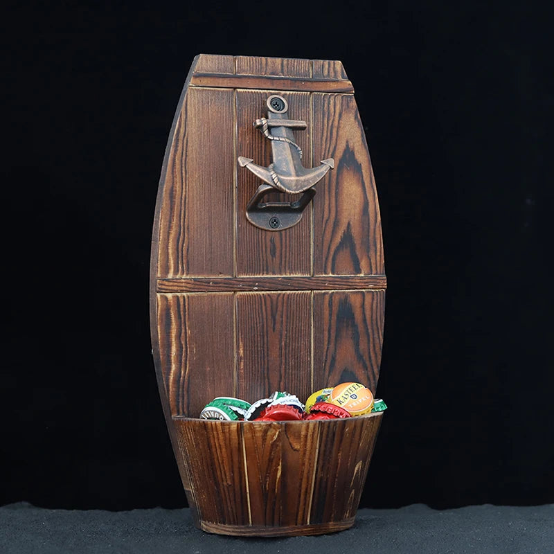 Wooden Barrel Wall Bottle Opener with Cap Catcher | Jenna's Tavern