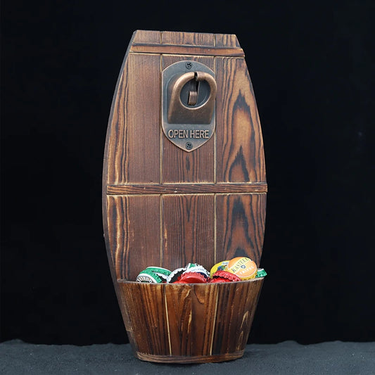 Wooden Barrel Wall Bottle Opener with Cap Catcher | Jenna's Tavern