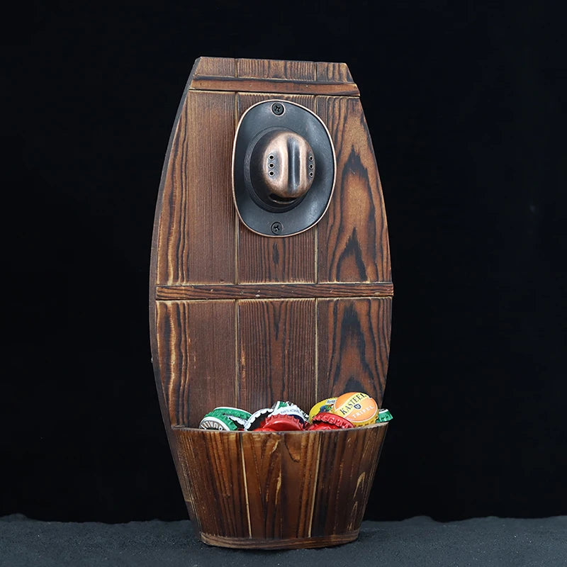 Wooden Barrel Wall Bottle Opener with Cap Catcher | Jenna's Tavern