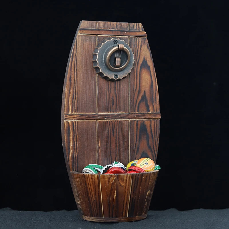 Wooden Barrel Wall Bottle Opener with Cap Catcher | Jenna's Tavern